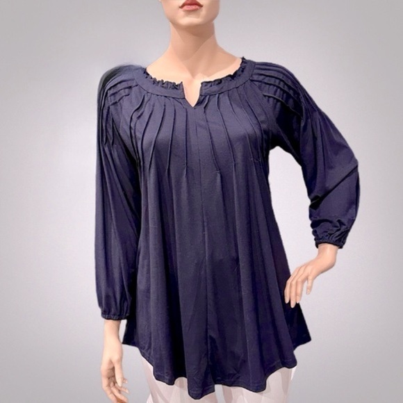 Reborn Pin-Tuck Tunic Size 1X Navy Blue Long Sleeves Shirttail, Notched Neck NWT - Picture 5 of 15